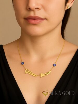 Name Necklace with Two Names and Nazar Evil Eye – 925 Sterling Silver