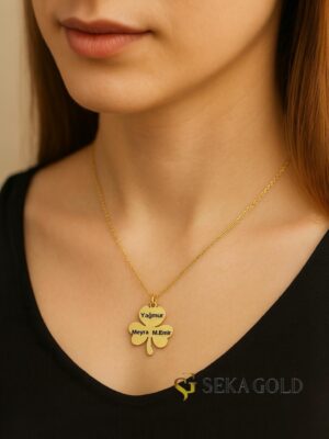 Collana con nome a tre nomi con quadrifoglio – argento sterling 925 con placcatura in oro 22 carati