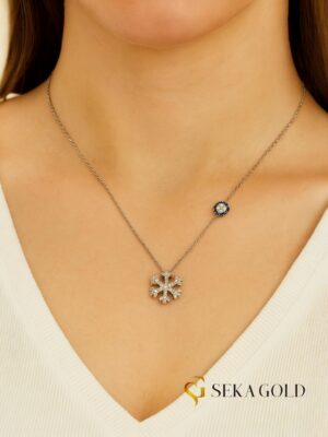 Sneeuwvlok-ketting met Nazar-oog en steentjes – 925 sterling zilver