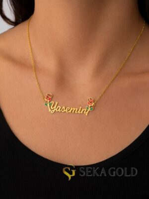 Name Necklace with Rose Detail – 925 Sterling Silver with 22 Karat Gold Plating