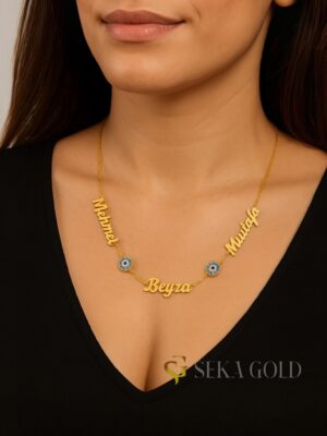 Collana con tre nomi e perla di Nazar – argento sterling 925 con placcatura in oro 22 carati