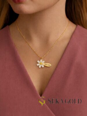 Collier prénom avec marguerite et feuille – argent sterling 925