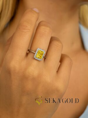Gele Saffier Ring met baguette-diamantzetting – 925 sterling zilver