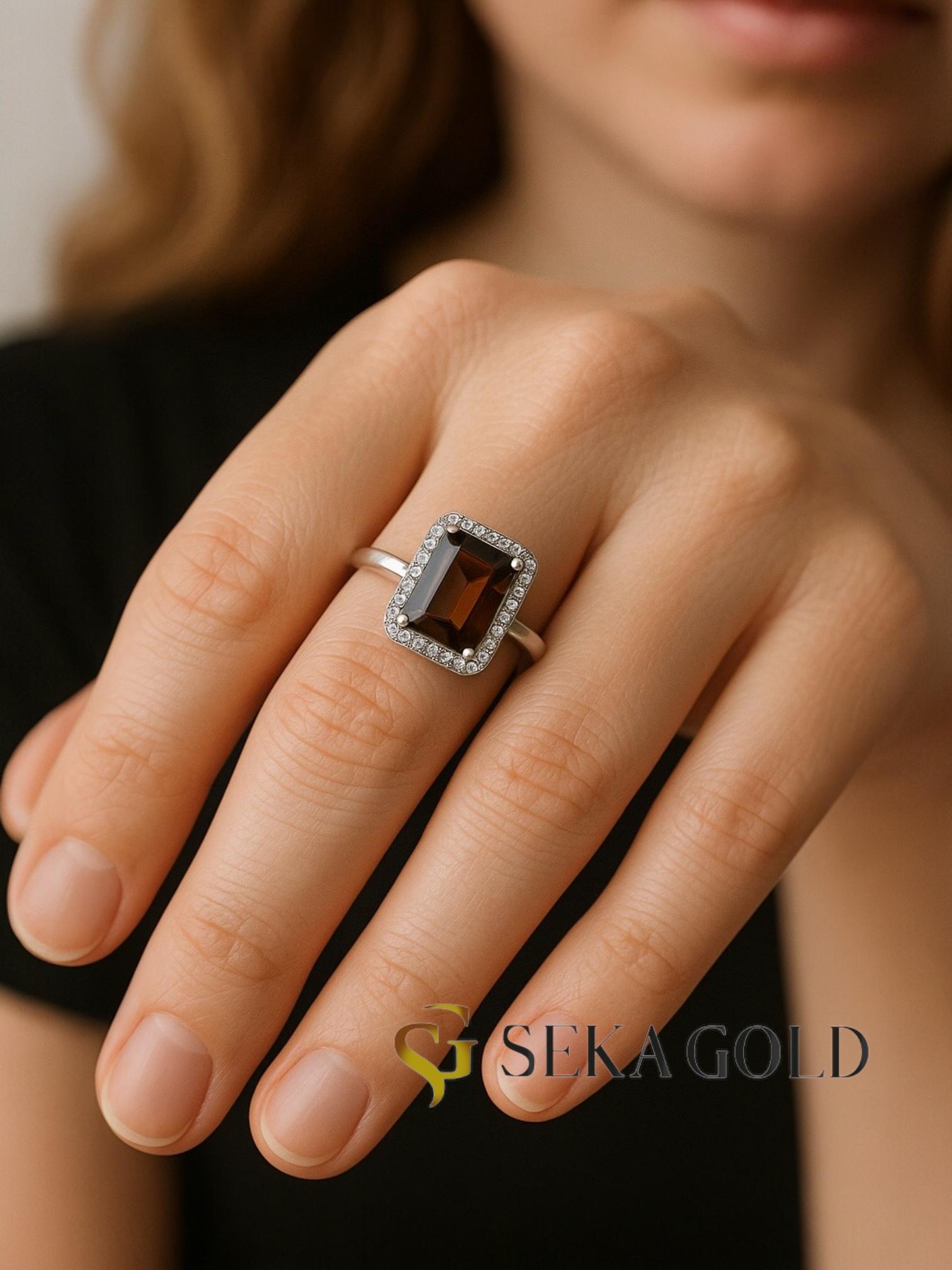 908e70b5-e8da-4262-aa55-4d6be924cd11.jpg Rauchquarz Baguette Ring – 925er Sterlingsilber - Afbeelding 1