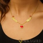 Twee namen Rood hart Roos Naamketting – 925 sterling zilver met 22 karaat verguldsel