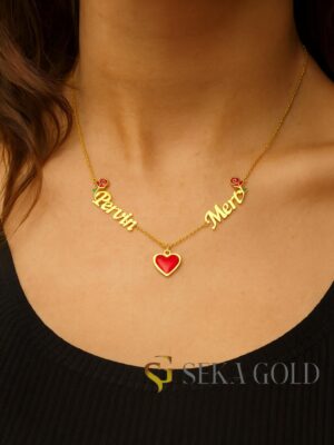 Twee namen Rood hart Roos Naamketting – 925 sterling zilver met 22 karaat verguldsel