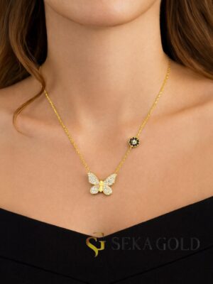 Collana farfalla con pietre – argento sterling 925 con placcatura in oro 22 carati