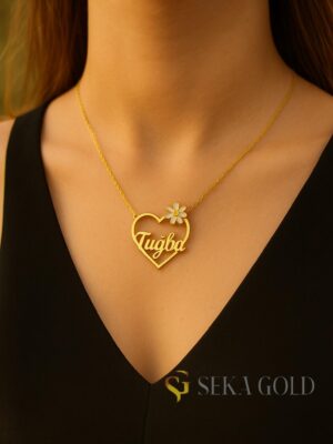 Daisy Heart Name Necklace – 925 Sterling Silver with 22 Karat Gold Plating