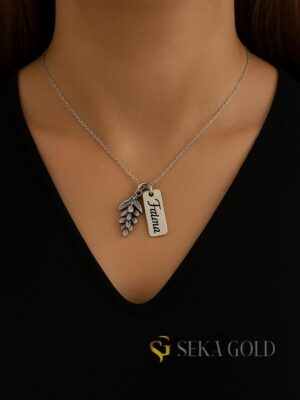 🌿 Collana con nome con placca a foglia di acacia – argento sterling 925