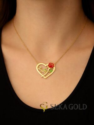 Collier prénom avec rose dans le cœur – argent sterling 925